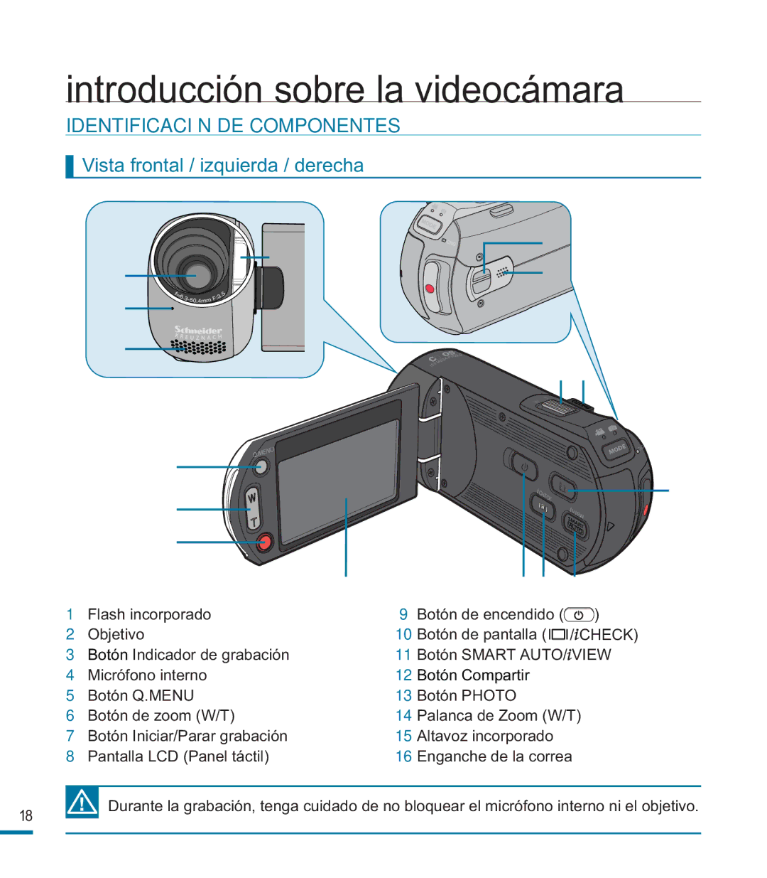 Samsung HMX-M20BP/EDC manual Introducción sobre la videocámara, Identificación DE Componentes 