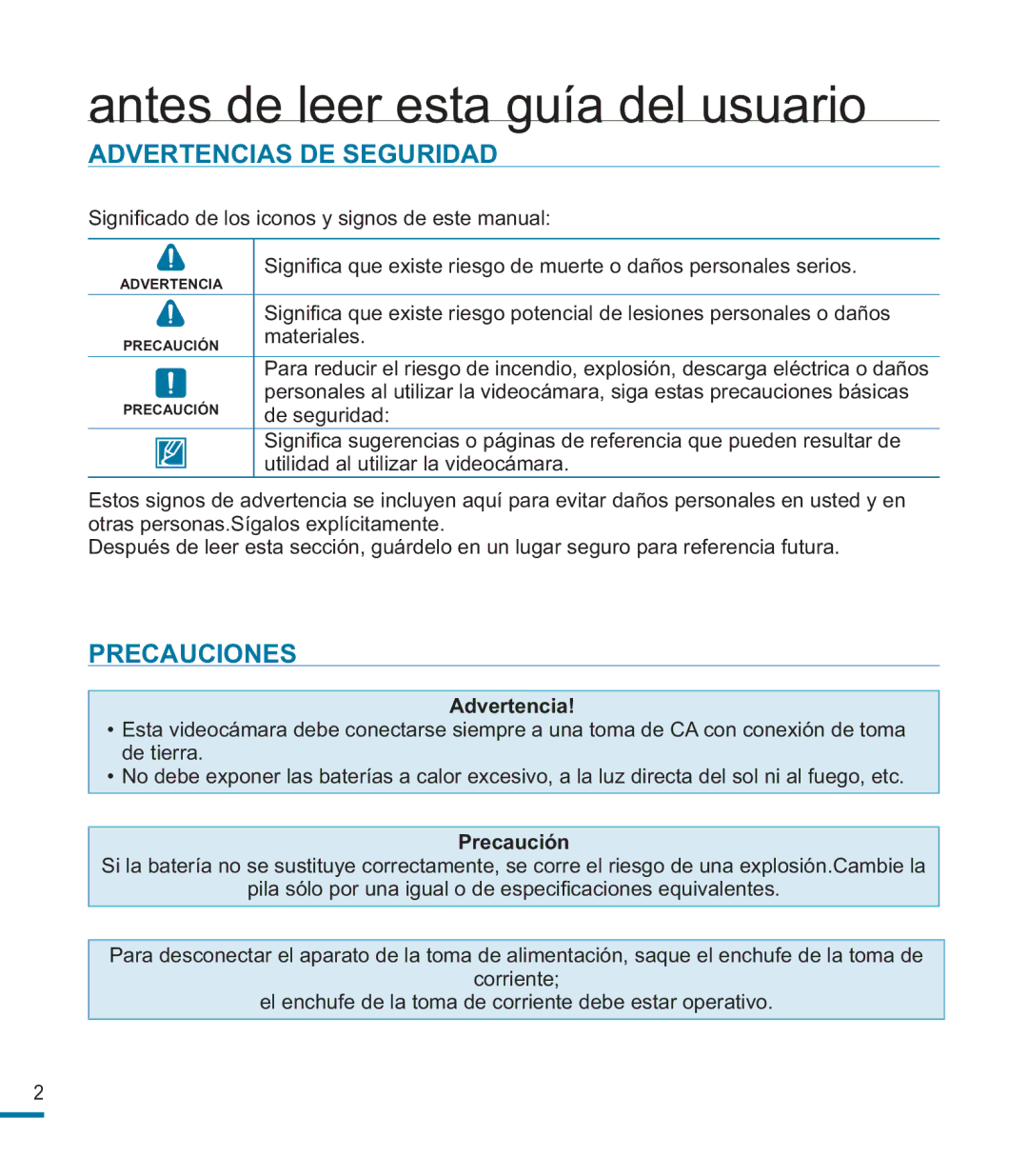 Samsung HMX-M20BP/EDC manual Antes de leer esta guía del usuario, Advertencias DE Seguridad, Precauciones, Precaución 