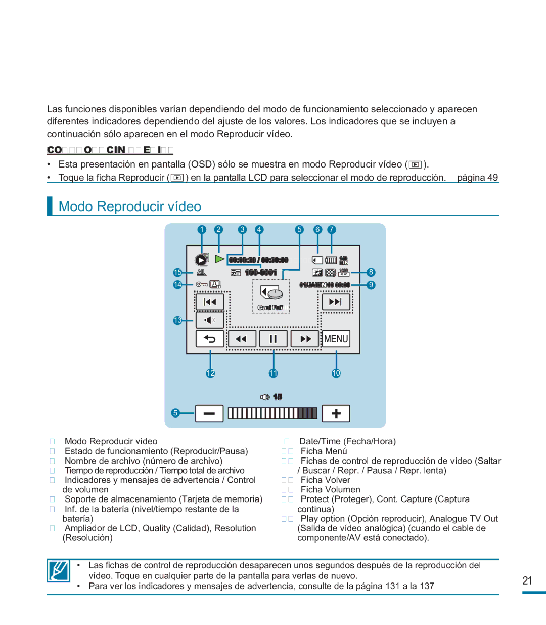 Samsung HMX-M20BP/EDC manual Modo Reproducir vídeo 