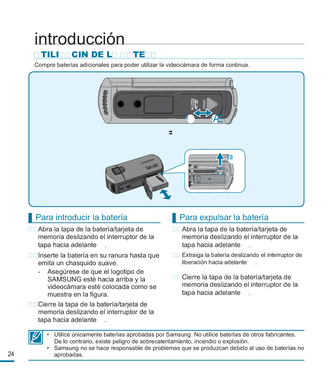 Samsung HMX-M20BP/EDC manual Introducción, Utilización DE LA Batería, Para introducir la batería Para expulsar la batería 