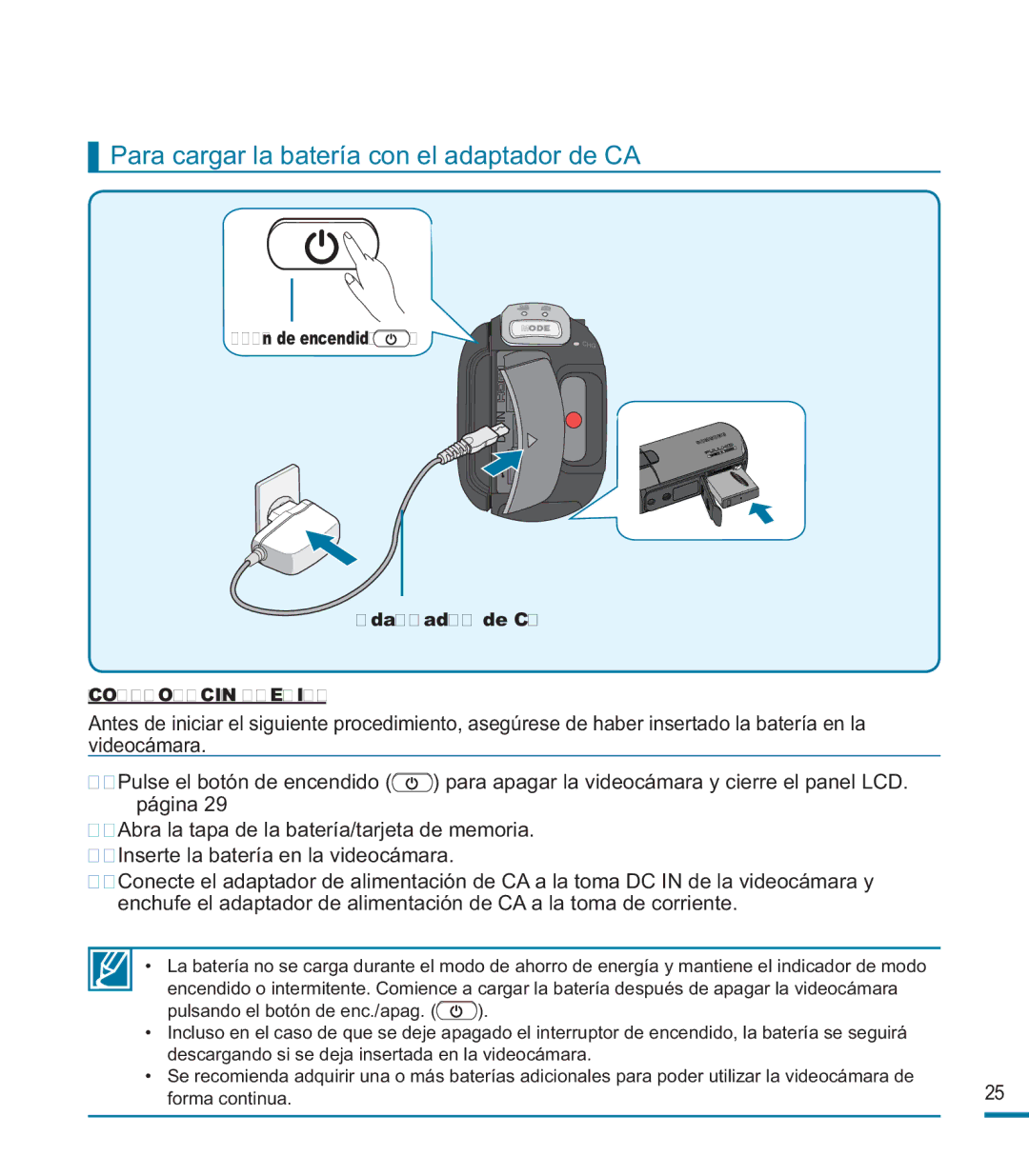 Samsung HMX-M20BP/EDC manual Para cargar la batería con el adaptador de CA 