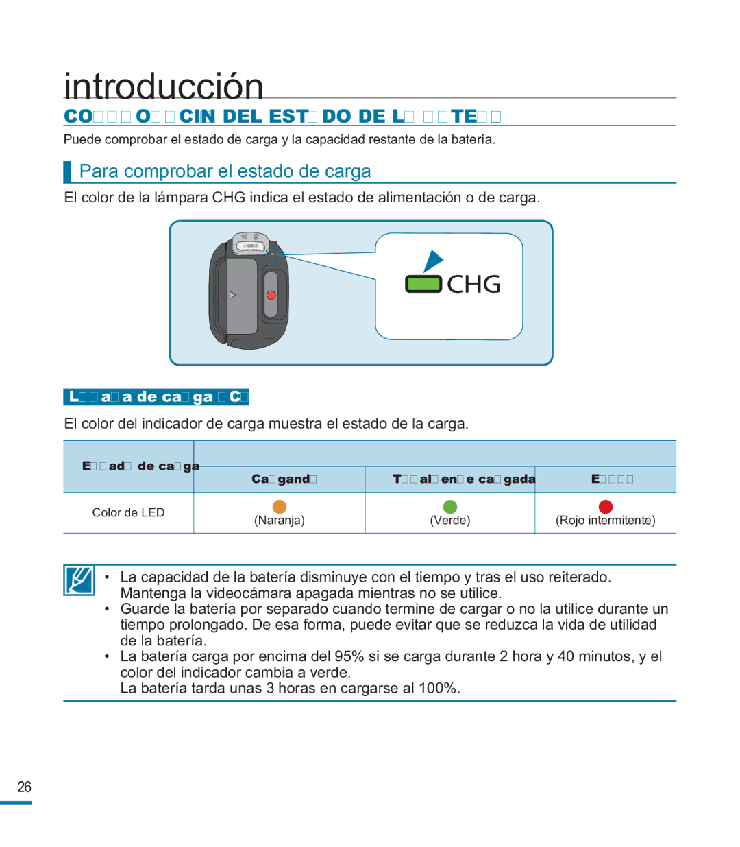 Samsung HMX-M20BP/EDC manual Comprobación DEL Estado DE LA Batería, Para comprobar el estado de carga, Lámpara de carga CHG 