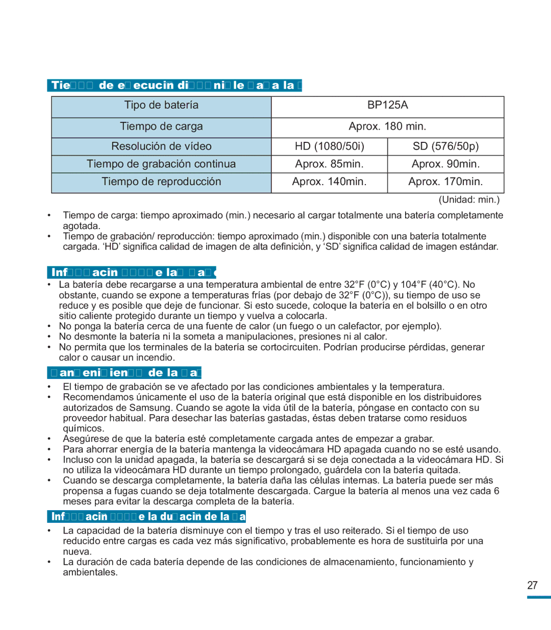 Samsung HMX-M20BP/EDC manual Tiempo de ejecución disponible para la batería, Información sobre las baterías 