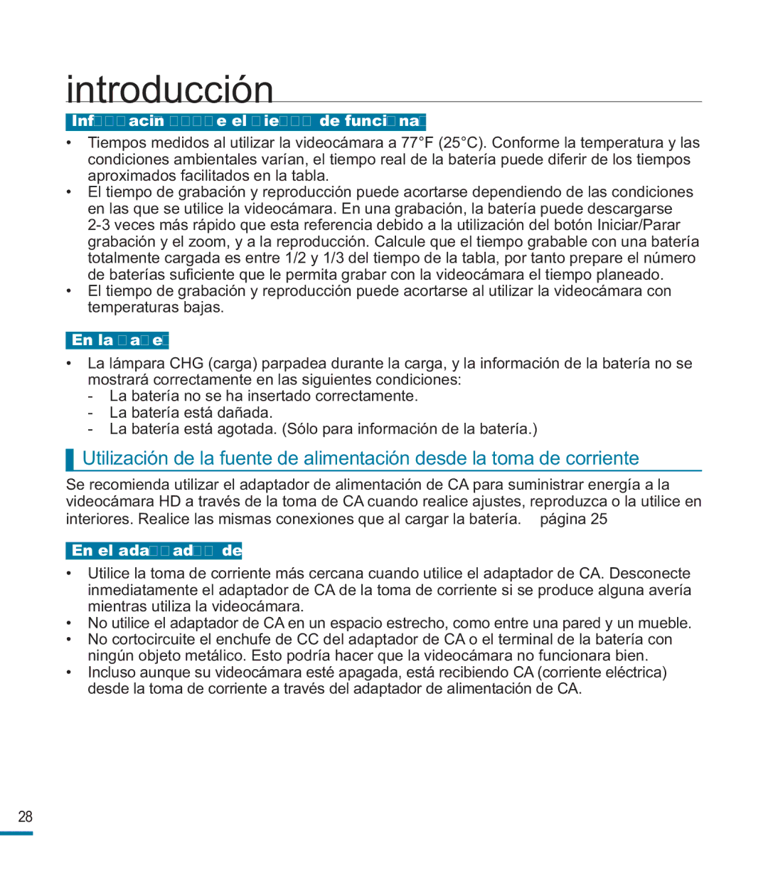 Samsung HMX-M20BP/EDC manual Información sobre el tiempo de funcionamiento, En la batería, En el adaptador de CA 