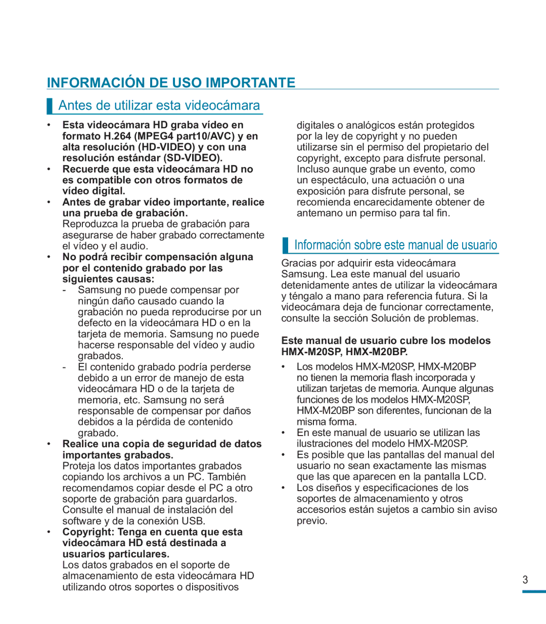 Samsung HMX-M20BP/EDC manual Información DE USO Importante, Antes de utilizar esta videocámara 