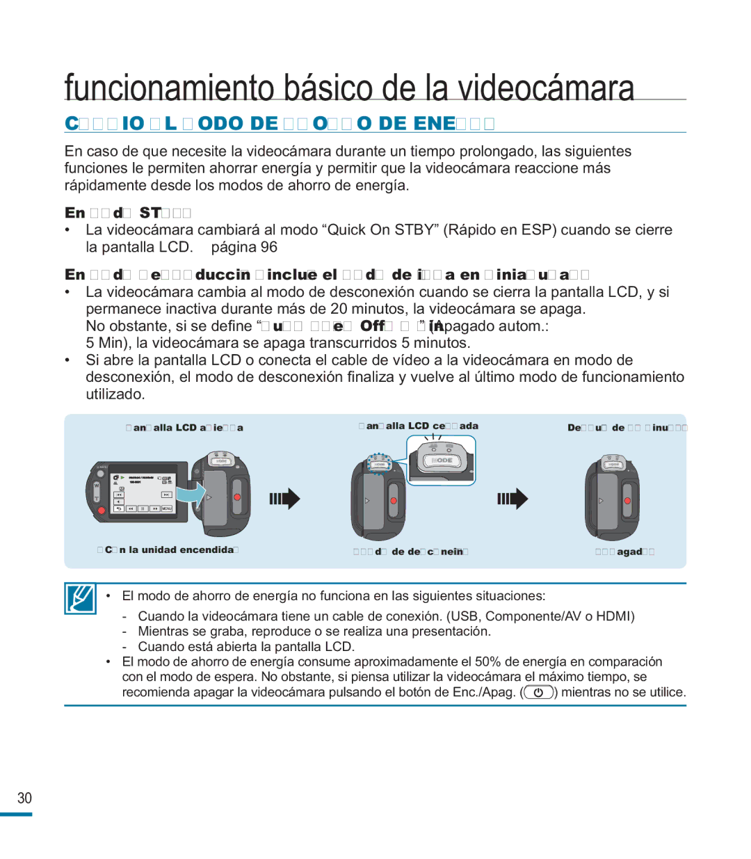 Samsung HMX-M20BP/EDC manual Cambio AL Modo DE Ahorro DE Energía, En modo Stby 