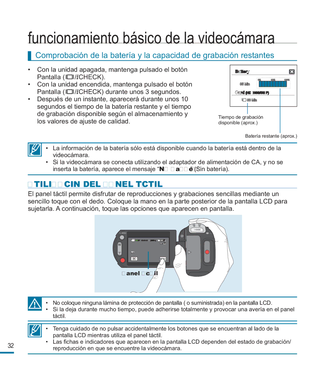 Samsung HMX-M20BP/EDC manual Utilización DEL Panel Táctil, Panel táctil 