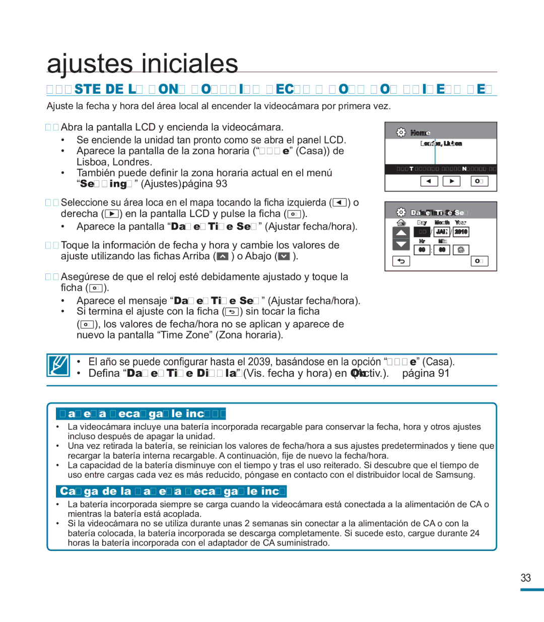 Samsung HMX-M20BP/EDC manual Ajustes iniciales, Ajuste DE LA Zona HORARIA, Fecha Y Hora POR Primera VEZ 