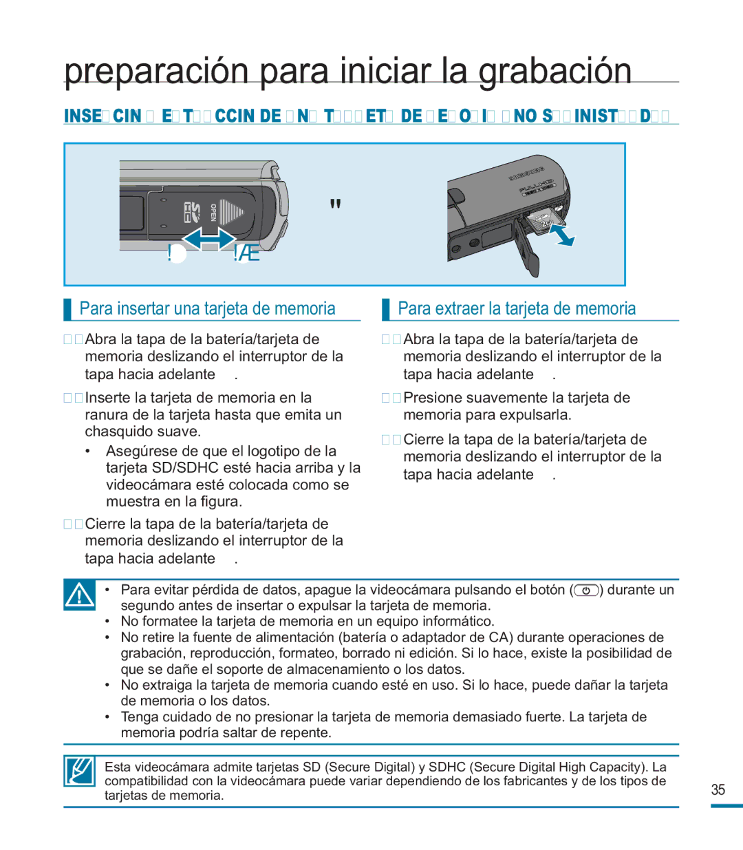 Samsung HMX-M20BP/EDC manual Preparación para iniciar la grabación 