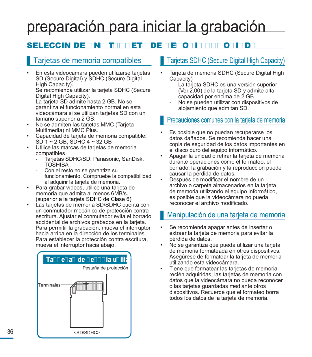 Samsung HMX-M20BP/EDC manual Selección DE UNA Tarjeta DE Memoria Apropiada, Tarjetas de memoria compatibles 