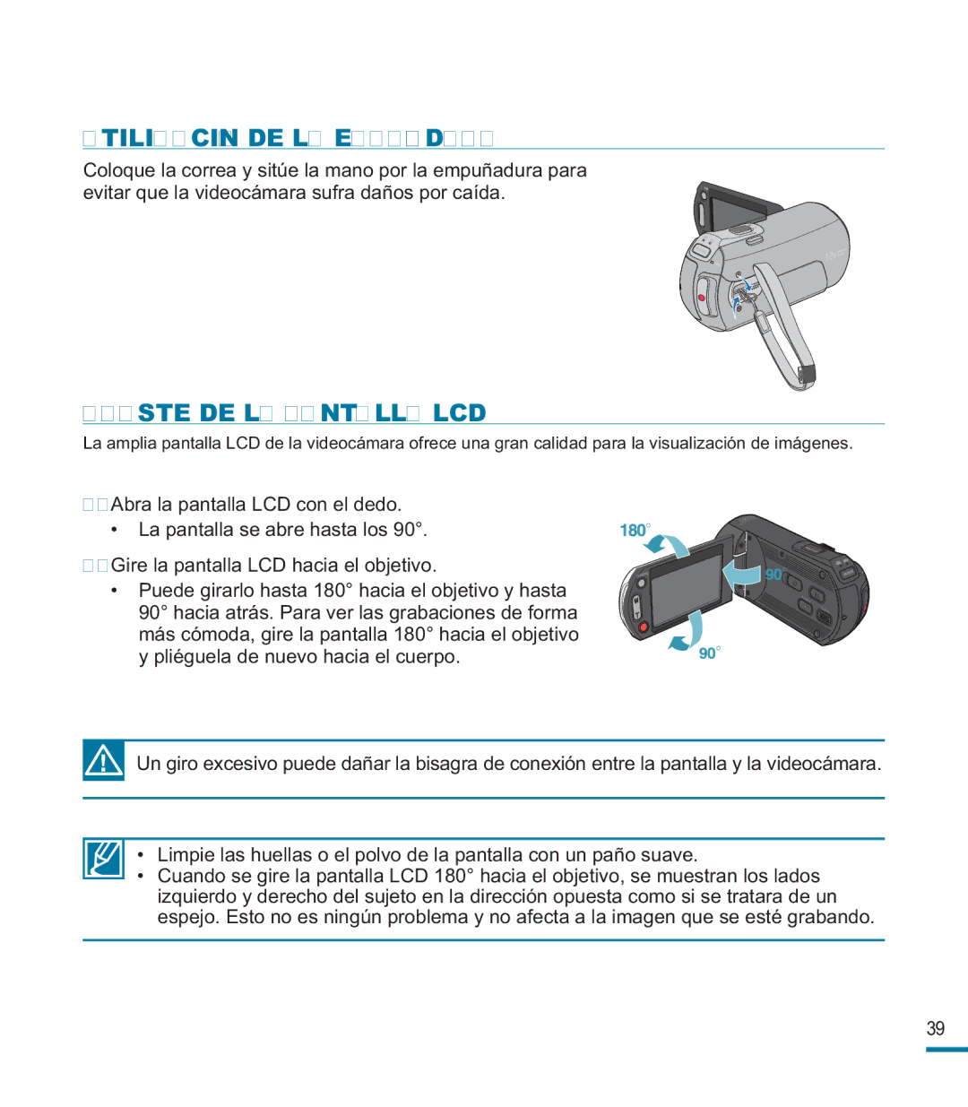 Samsung HMX-M20BP/EDC manual Utilización DE LA Empuñadura, Ajuste DE LA Pantalla LCD 