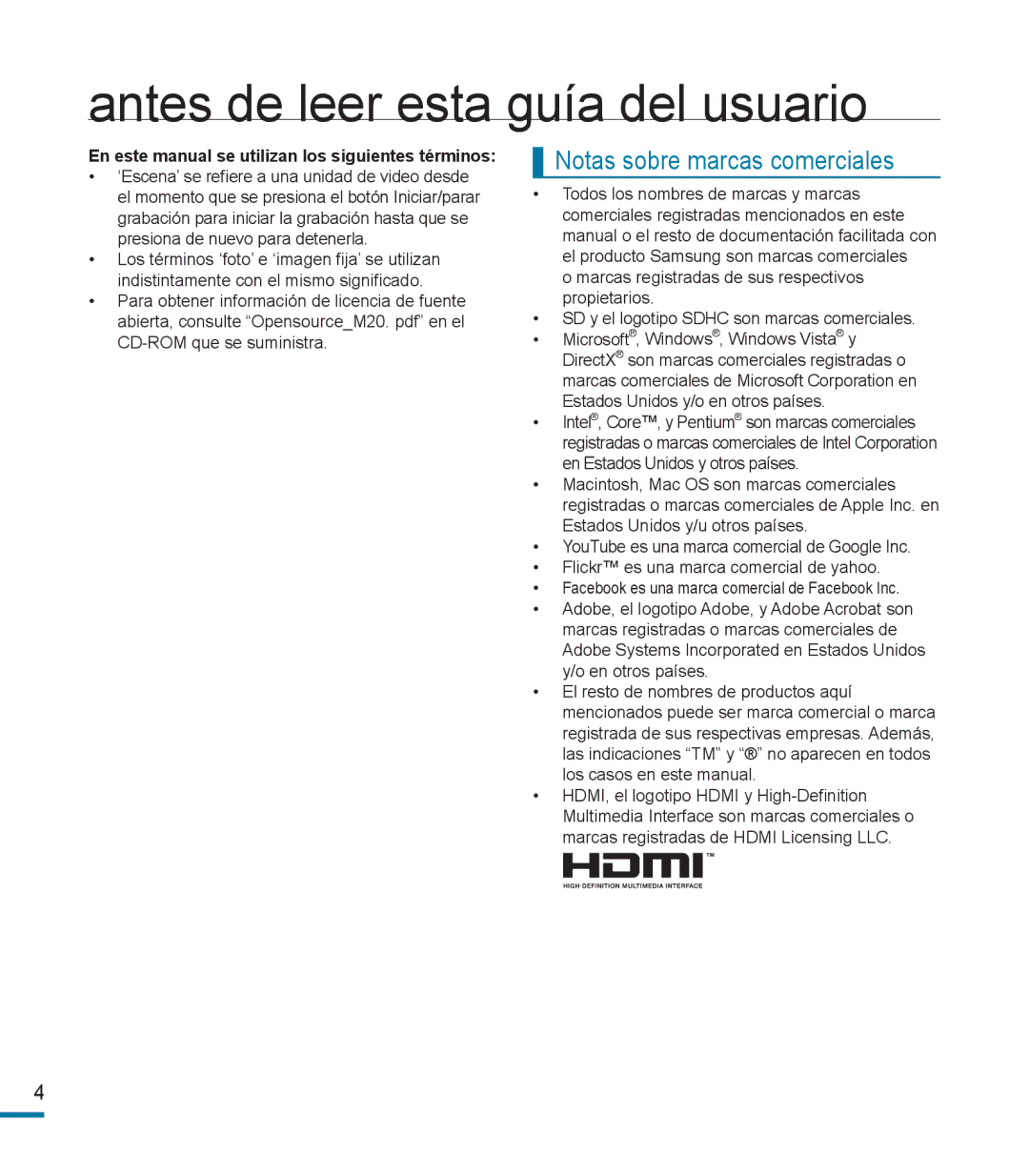 Samsung HMX-M20BP/EDC manual Antes de leer esta guía del usuario 