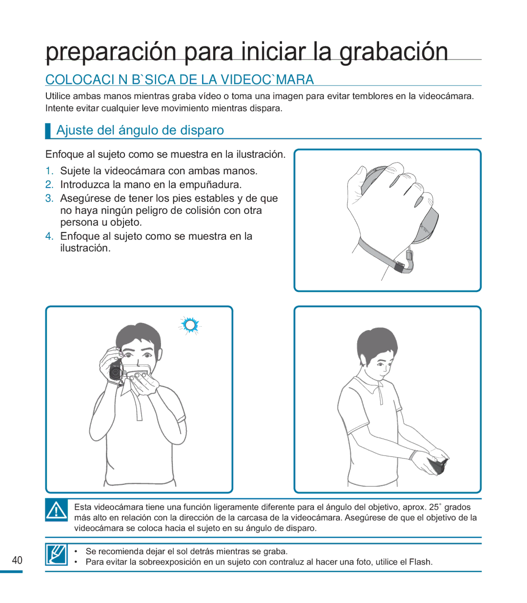 Samsung HMX-M20BP/EDC manual Colocación Básica DE LA Videocámara, Ajuste del ángulo de disparo 