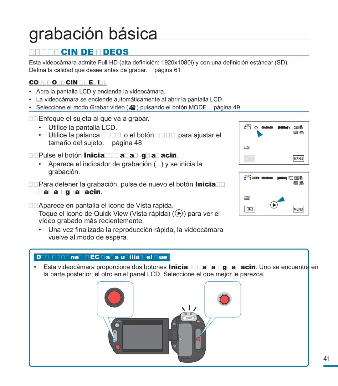 Samsung HMX-M20BP/EDC manual Grabación básica, Grabación DE Vídeos, Pulse el botón Iniciar/Parar grabación 