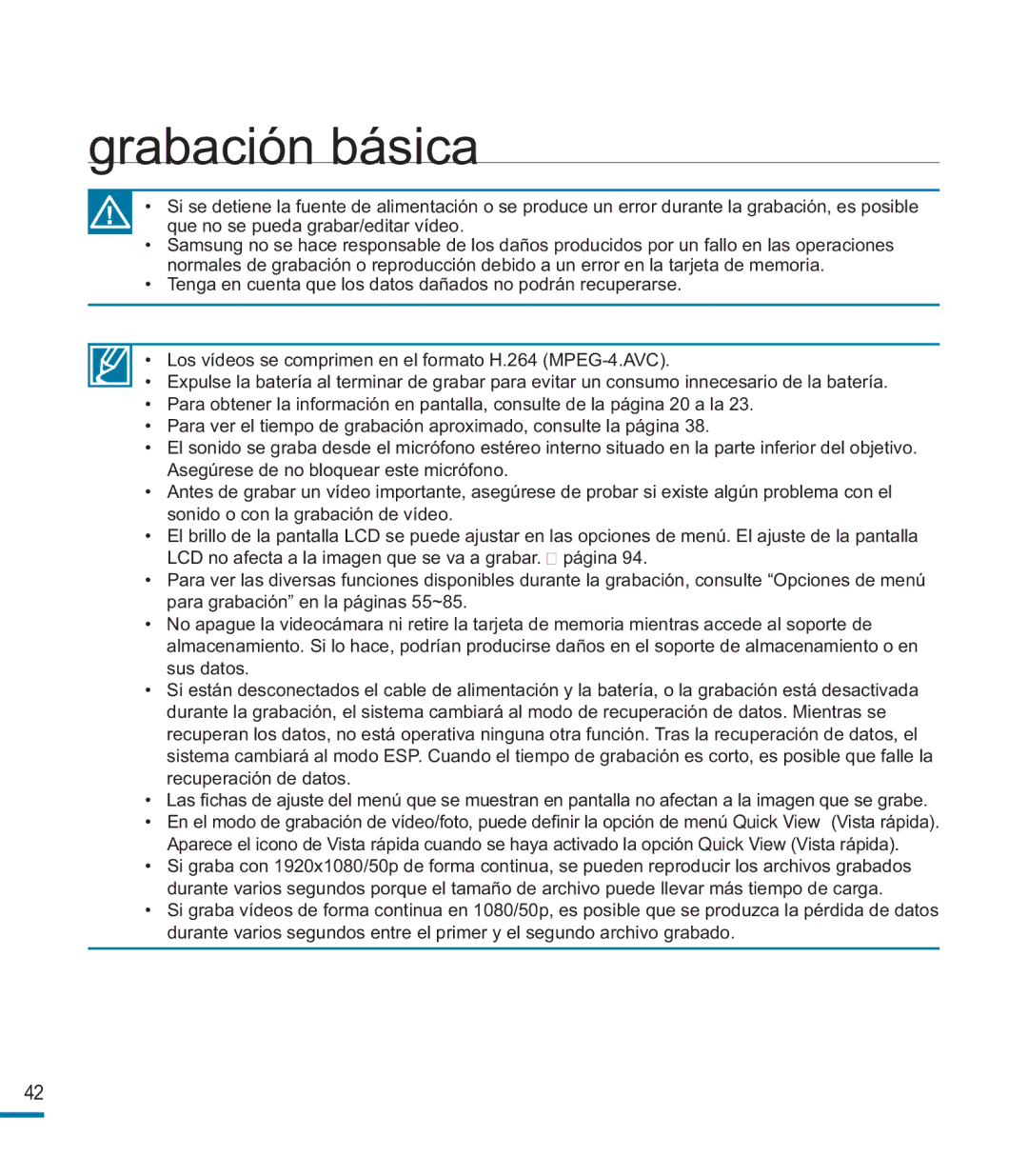 Samsung HMX-M20BP/EDC manual Grabación básica 