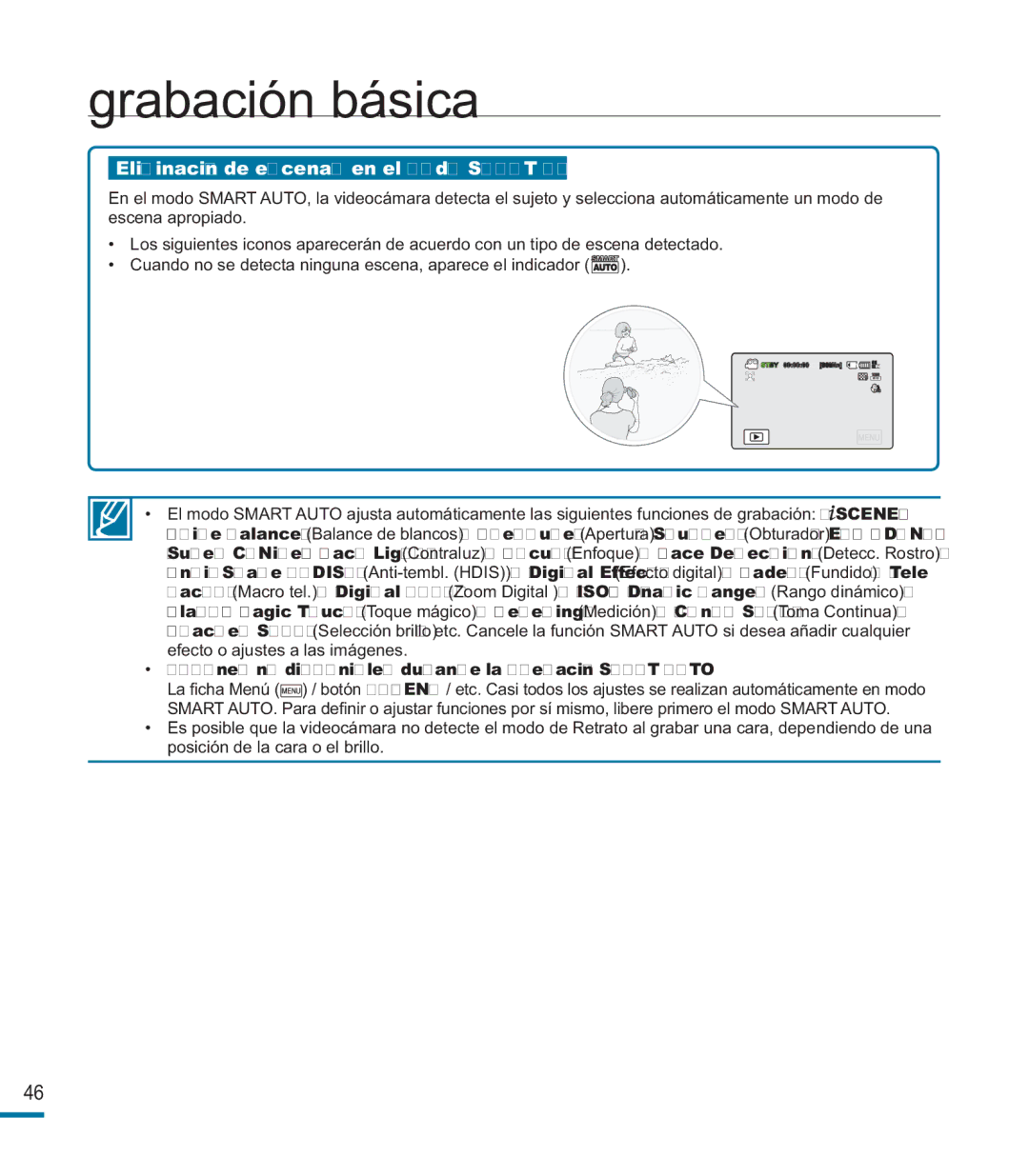 Samsung HMX-M20BP/EDC Eliminación de escenas en el modo Smart Auto, Botones no disponibles durante la operación Smart Auto 