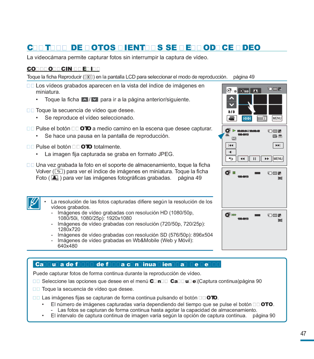 Samsung HMX-M20BP/EDC manual Captura DE Fotos Mientras SE Reproduce Vídeo 