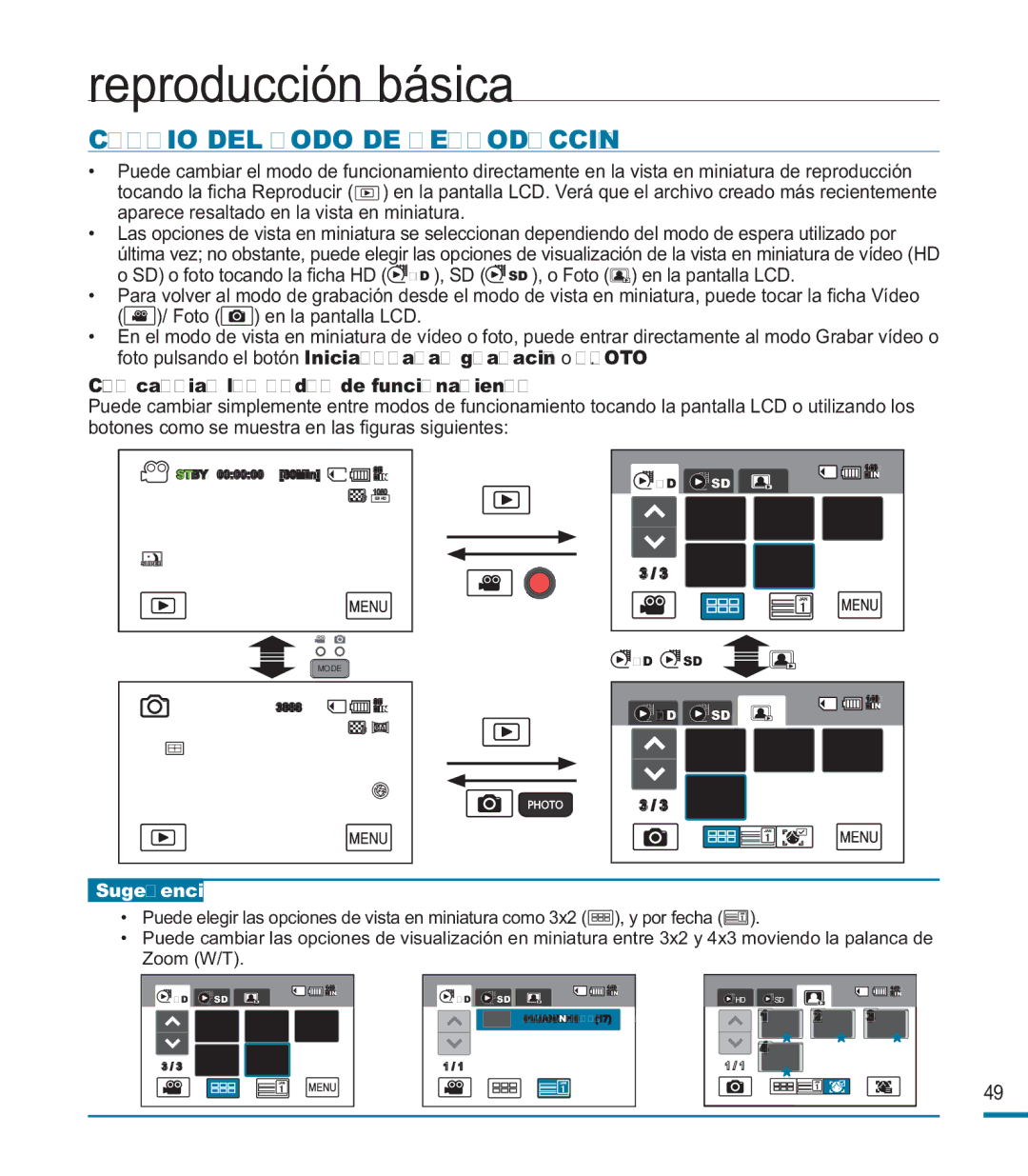 Samsung HMX-M20BP/EDC manual Reproducción básica, Cambio DEL Modo DE Reproducción 