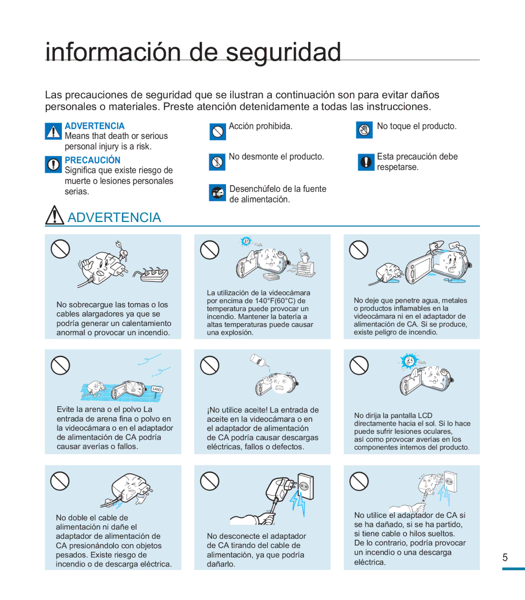 Samsung HMX-M20BP/EDC manual Información de seguridad, Advertencia 