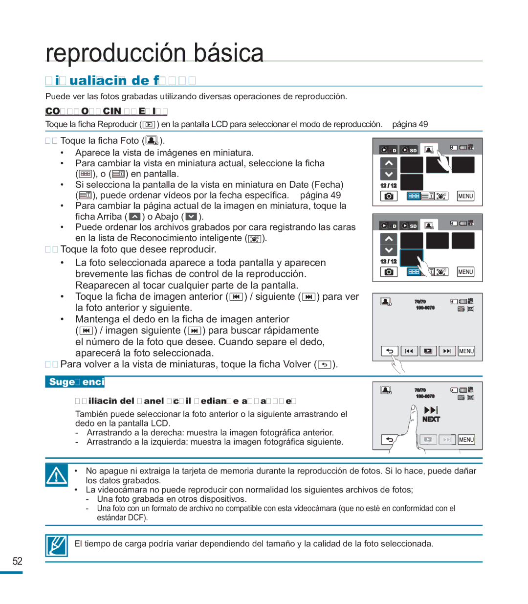 Samsung HMX-M20BP/EDC manual Visualización de fotos, Utilización del panel táctil mediante arrastre 