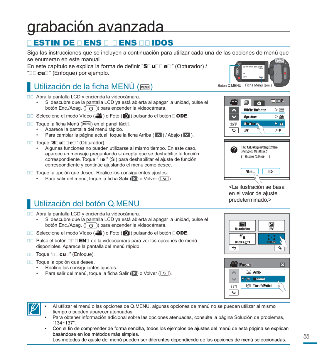 Samsung HMX-M20BP/EDC manual Grabación avanzada, Gestión DE Menús Y Menús Rápidos, Utilización de la ﬁcha Menú 