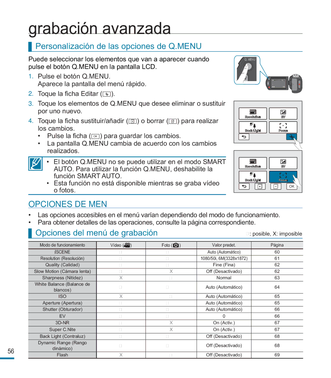 Samsung HMX-M20BP/EDC manual Personalización de las opciones de Q.MENU, Opciones DE Menú, Opciones del menú de grabación 