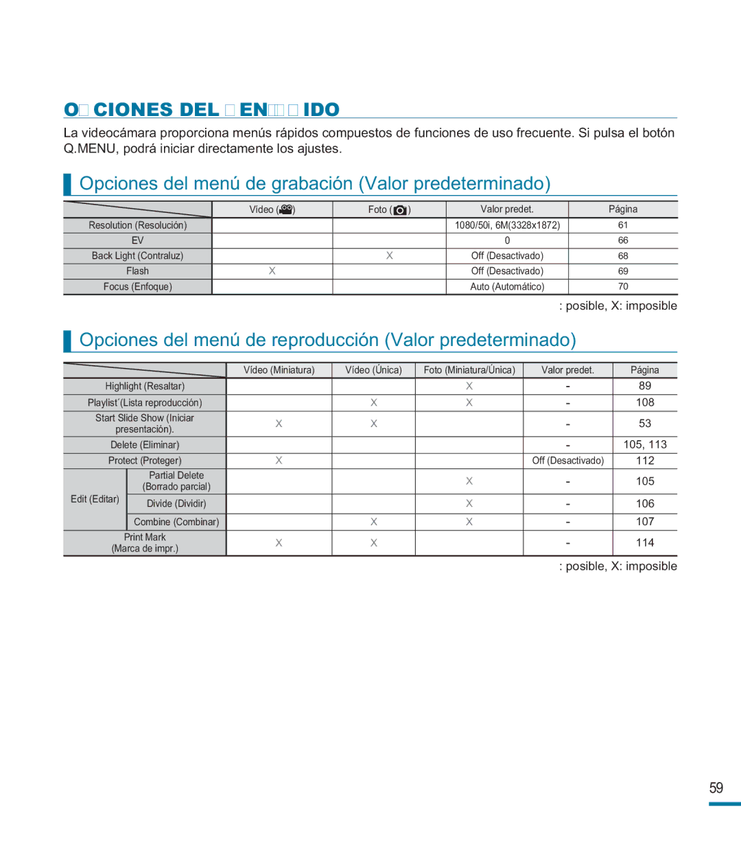 Samsung HMX-M20BP/EDC manual Opciones DEL Menú Rápido, Opciones del menú de grabación Valor predeterminado 