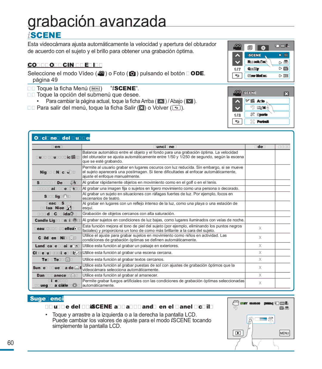 Samsung HMX-M20BP/EDC manual Ajuste del modo Scene arrastrando en el panel táctil 