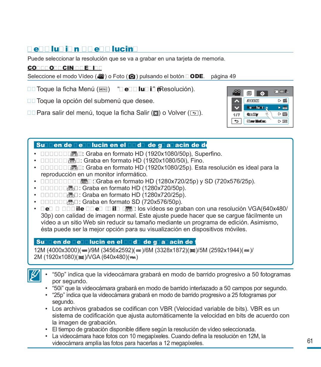 Samsung HMX-M20BP/EDC manual Resolution Resolución, Submenú de resolución en el modo de grabación de vídeo 