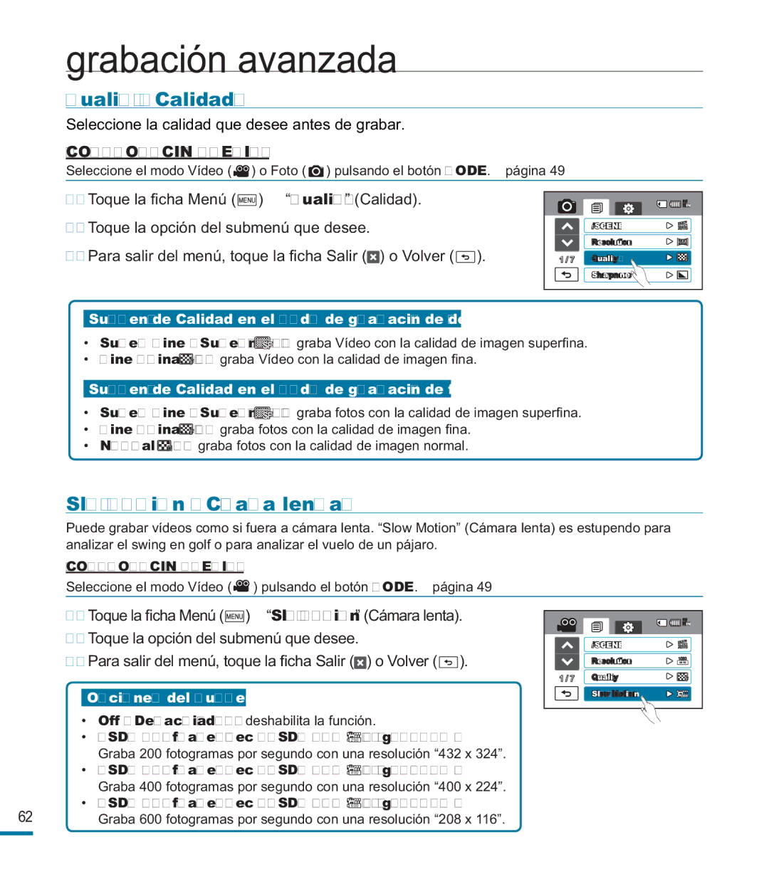 Samsung HMX-M20BP/EDC manual Quality Calidad, Slow Motion Cámara lenta, SD 200frame/sec SD 200 fotogr./s 0 