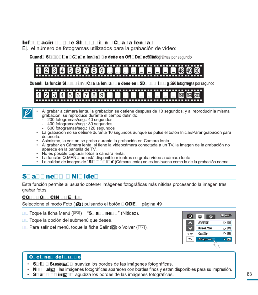 Samsung HMX-M20BP/EDC manual Sharpness Nitidez, Información sobre Slow Motion Cámara lenta, Sharp Fino 