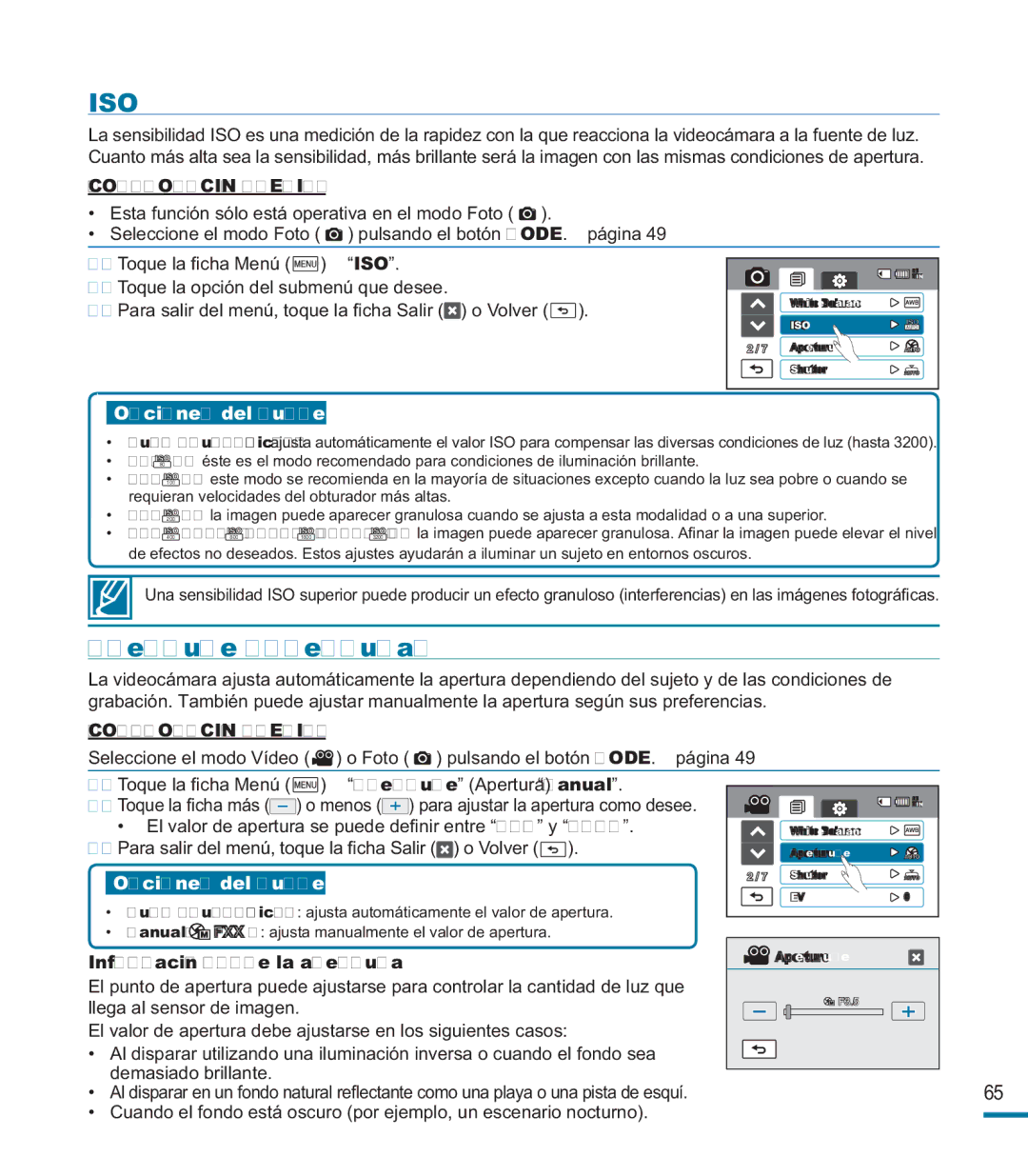 Samsung HMX-M20BP/EDC manual Iso, Aperture Apertura, Manual, Información sobre la apertura 