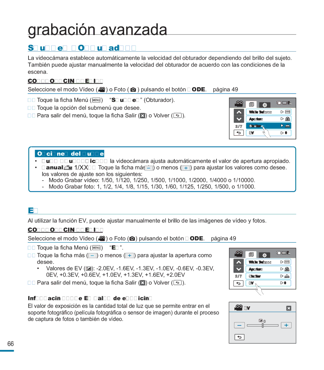 Samsung HMX-M20BP/EDC manual Shutter Obturador, Información sobre EV valor de exposición 