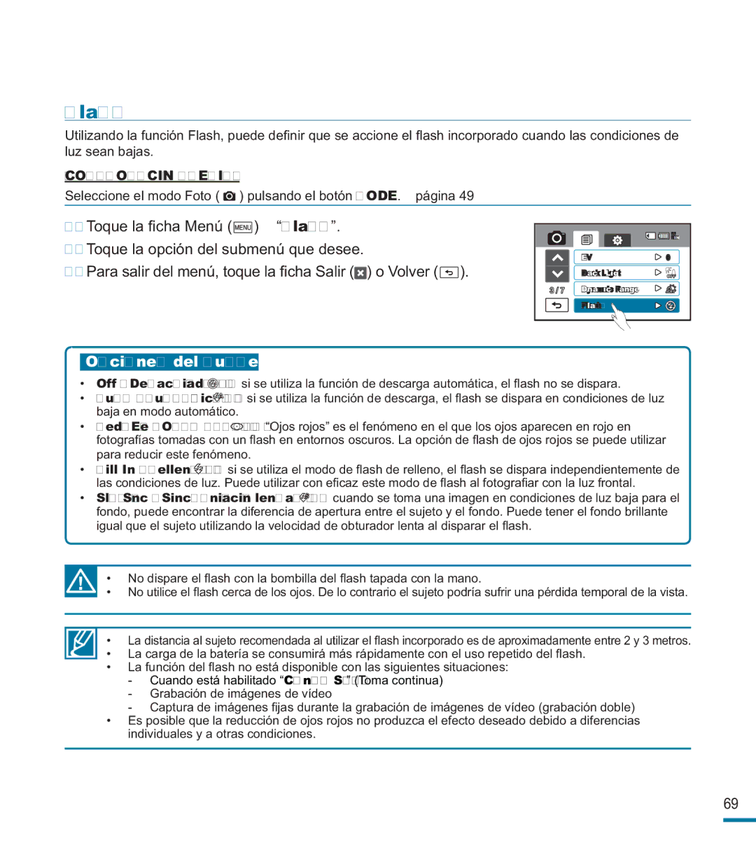 Samsung HMX-M20BP/EDC manual Flash, Opciones del submenú 