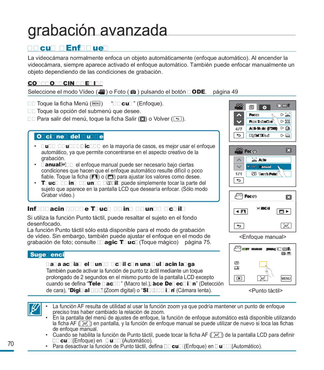 Samsung HMX-M20BP/EDC manual Focus Enfoque, Para activar el punto táctil con una pulsación larga 