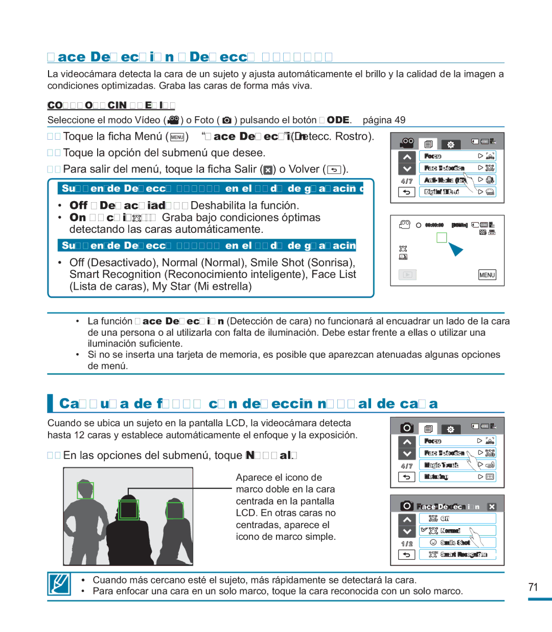 Samsung HMX-M20BP/EDC manual Face Detection Detecc. Rostro, Captura de fotos con detección normal de cara 
