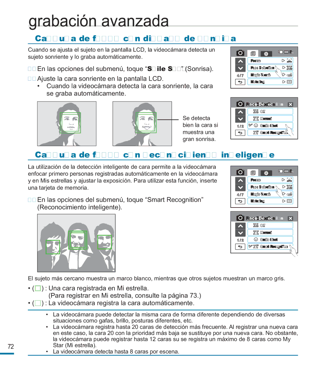 Samsung HMX-M20BP/EDC manual Captura de fotos con disparo de sonrisa, Captura de fotos con reconocimiento inteligente 