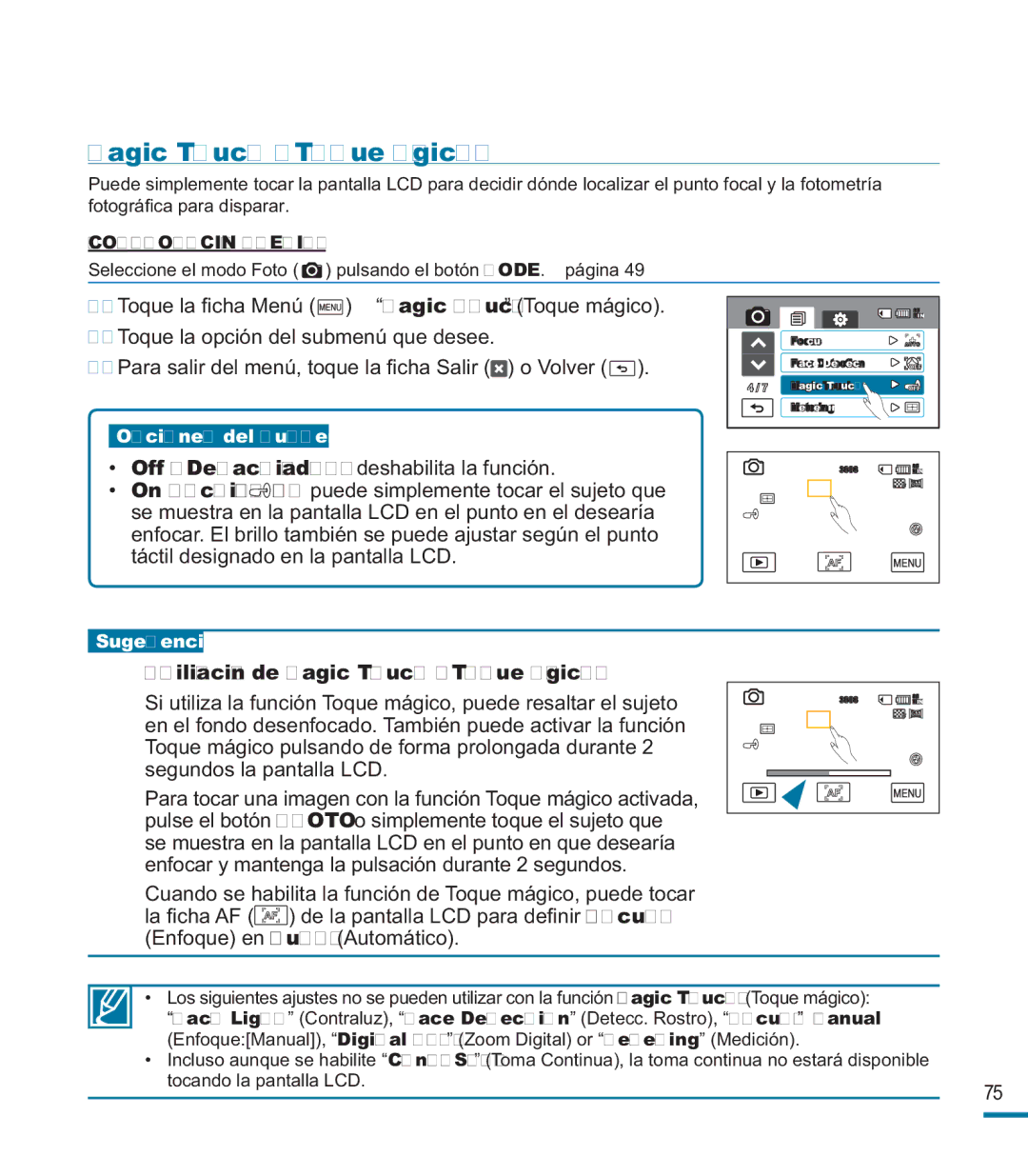 Samsung HMX-M20BP/EDC manual Utilización de Magic Touch Toque mágico 