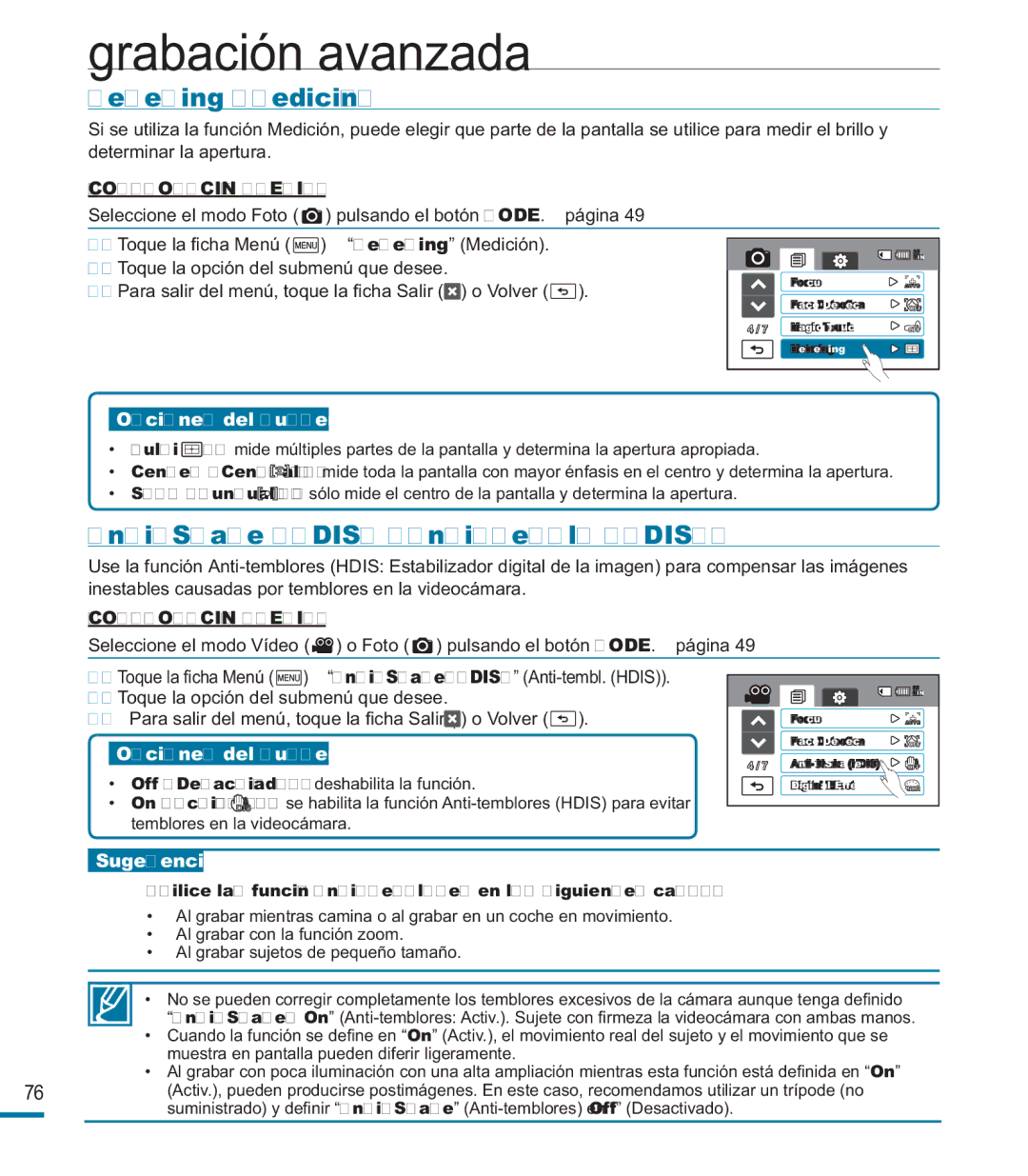 Samsung HMX-M20BP/EDC manual Metering Medición, Anti-Shake Hdis Anti-tembl. Hdis 