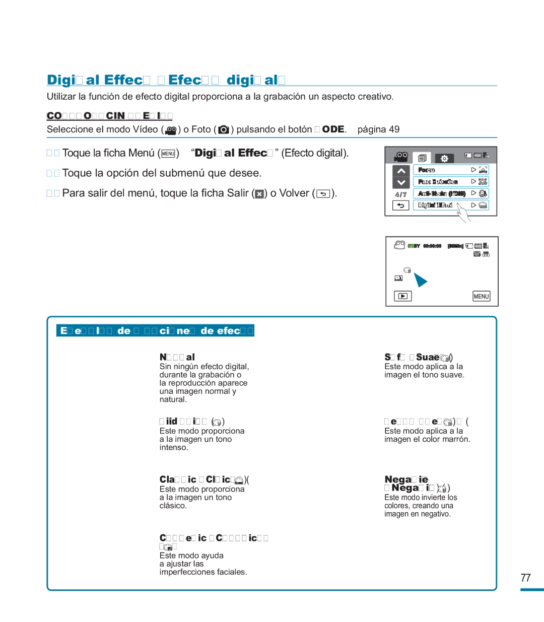 Samsung HMX-M20BP/EDC manual Digital Effect Efecto digital 