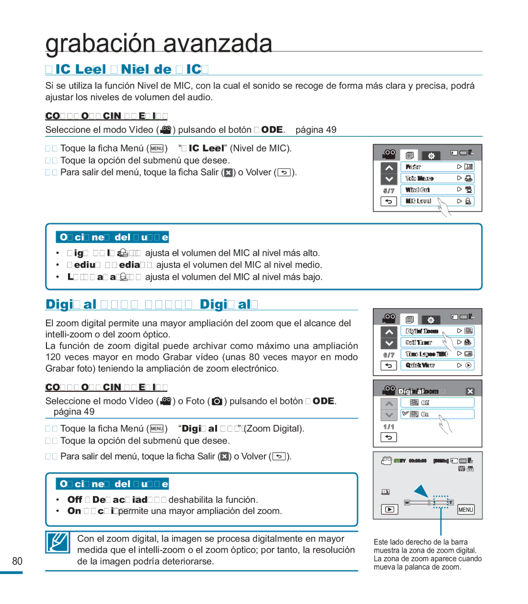 Samsung HMX-M20BP/EDC manual MIC Level Nivel de MIC, Digital Zoom Zoom Digital 