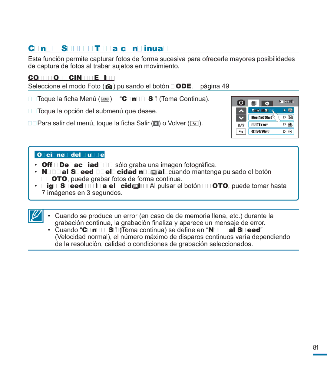 Samsung HMX-M20BP/EDC manual Cont. Shot Toma continua 