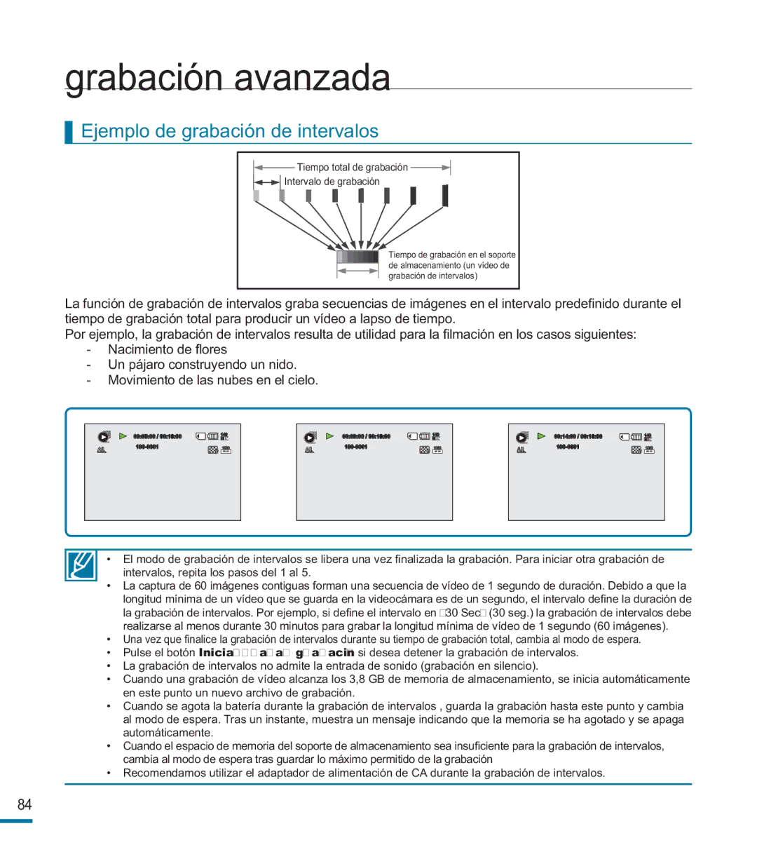 Samsung HMX-M20BP/EDC manual Ejemplo de grabación de intervalos, Tiempo total de grabación 