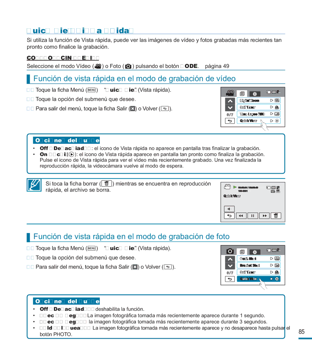 Samsung HMX-M20BP/EDC manual Quick View Vista rápida, Función de vista rápida en el modo de grabación de vídeo 