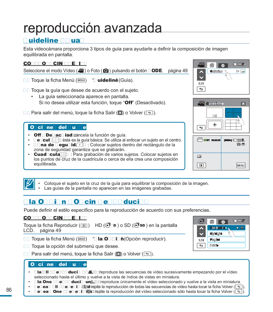 Samsung HMX-M20BP/EDC manual Reproducción avanzada, Guideline Guía, Play Option Opción reproducir 