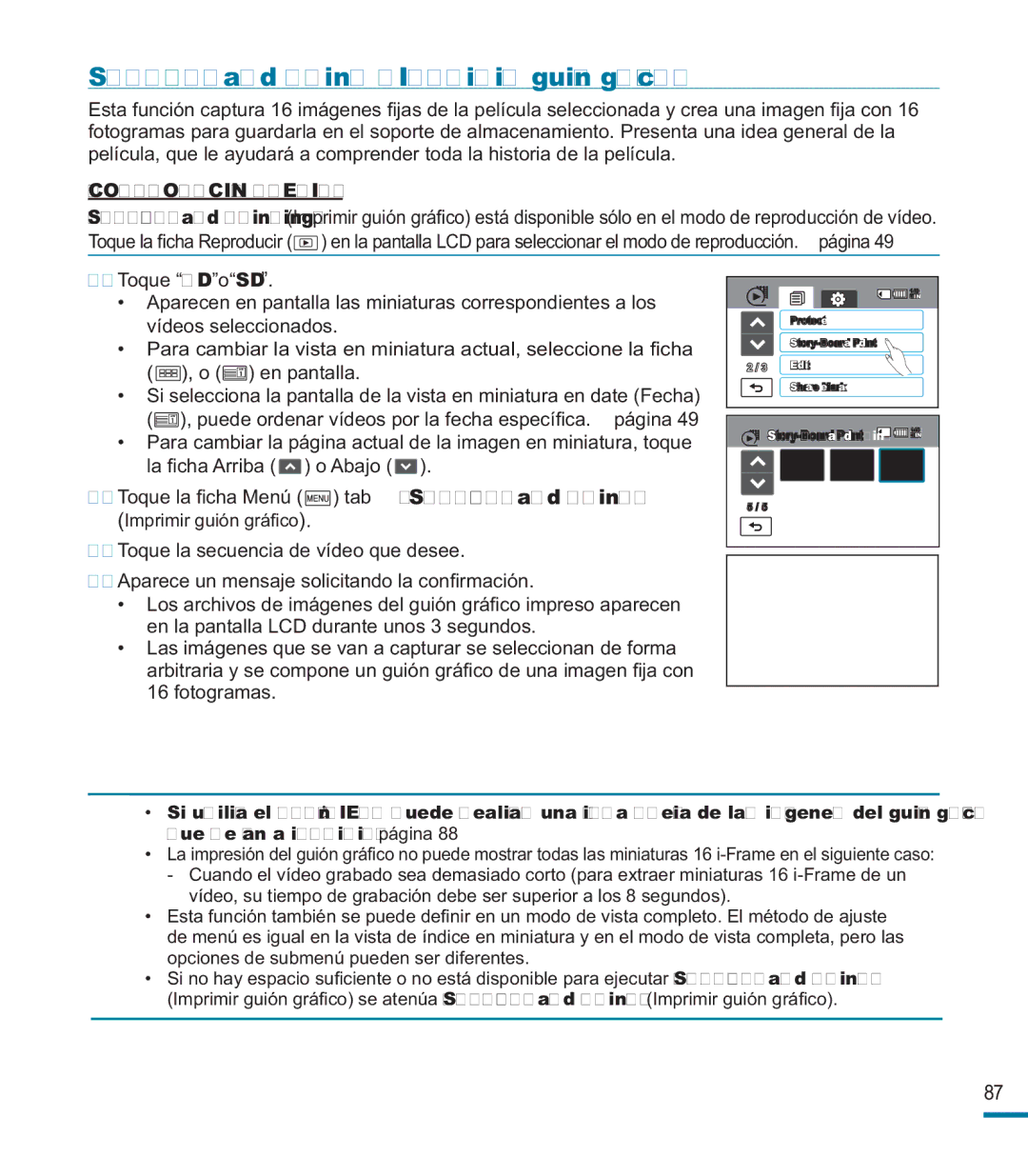 Samsung HMX-M20BP/EDC manual Story-Board Print Imprimir guión gráﬁco, ¡COMPROBACIÓN Previa 