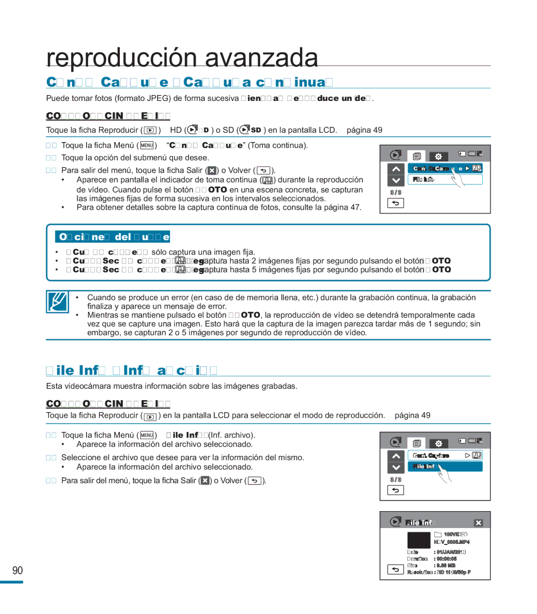 Samsung HMX-M20BP/EDC manual Cont. Capture Captura continua, File Info Inf. archivo 