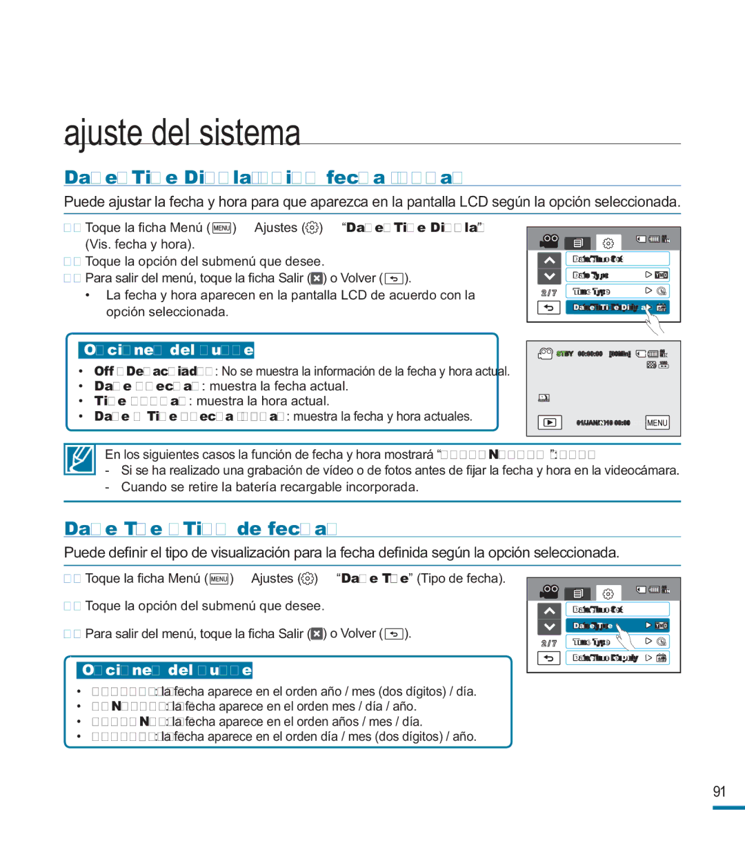 Samsung HMX-M20BP/EDC manual Ajuste del sistema, Date/Time Display Vis. fecha y hora, Date Type Tipo de fecha 