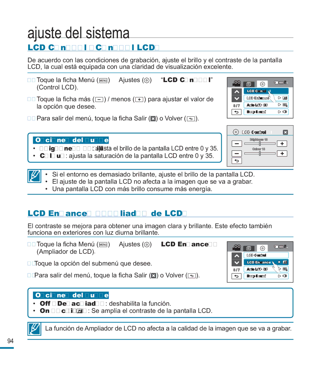 Samsung HMX-M20BP/EDC manual LCD Control Control LCD, LCD Enhancer Ampliador de LCD 