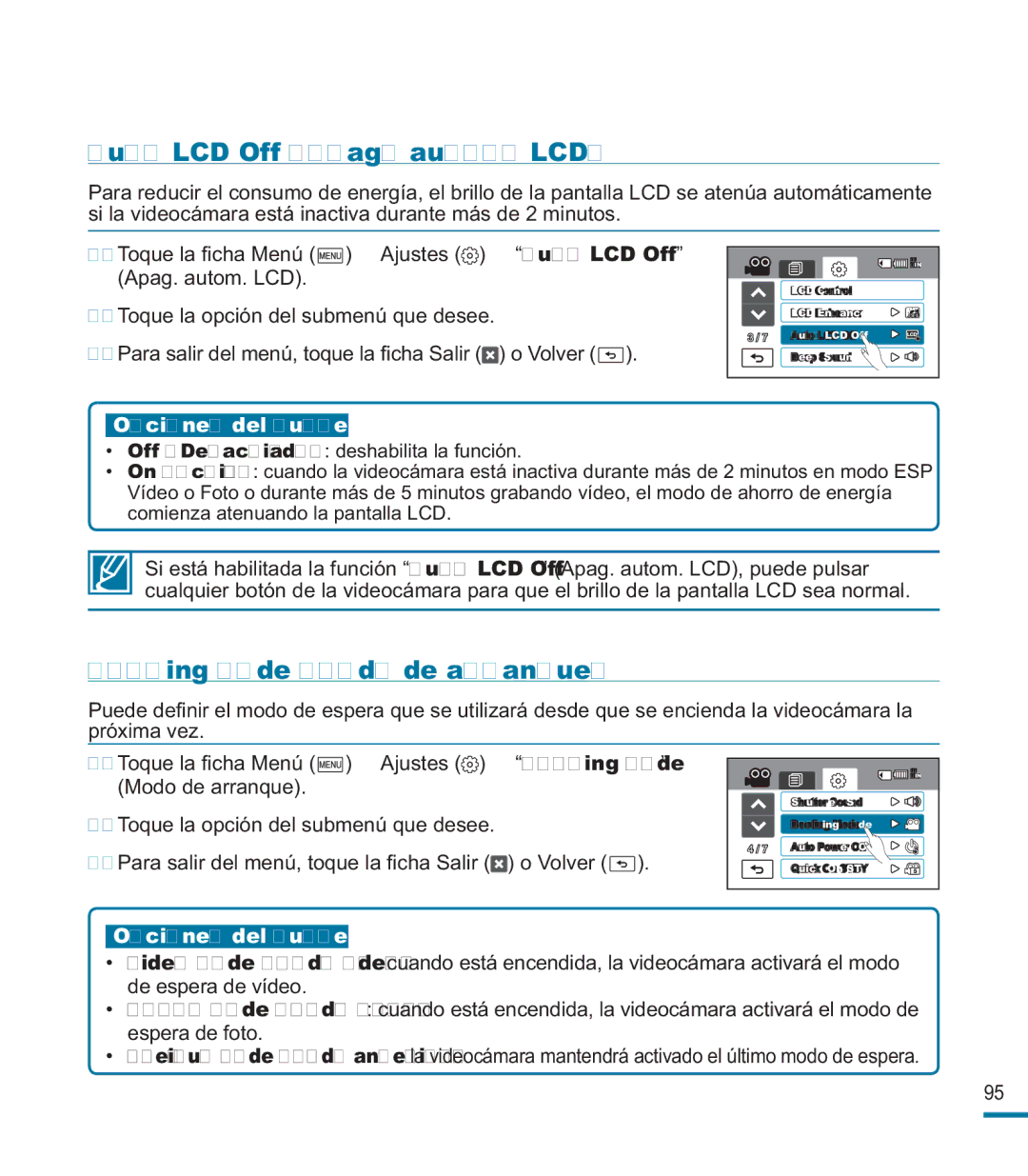 Samsung HMX-M20BP/EDC manual Auto LCD Off Apag. autom. LCD, Booting Mode Modo de arranque 